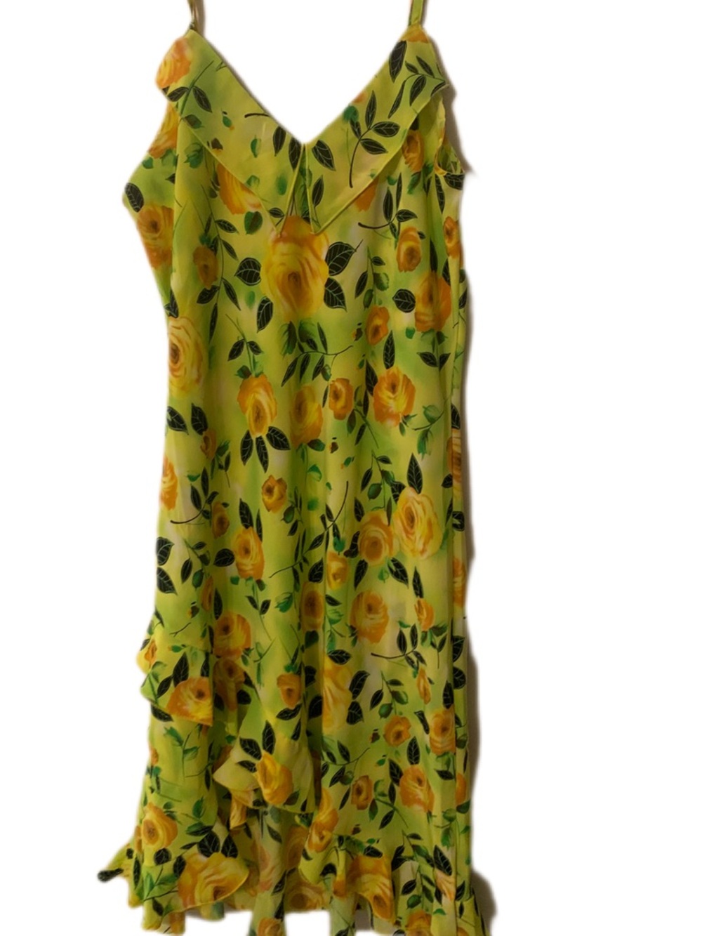 Mlle Gabrielle Yellow Floral Slip Dress with Green Leaf Print very feminine